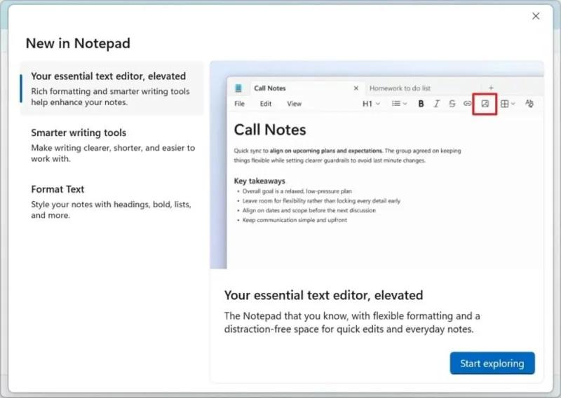 Blocco note riceverà il supporto per le immagini su Windows 11