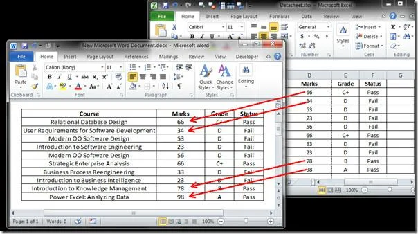 Datenblatt aus Excel 2010 in Word-Dokument einbetten