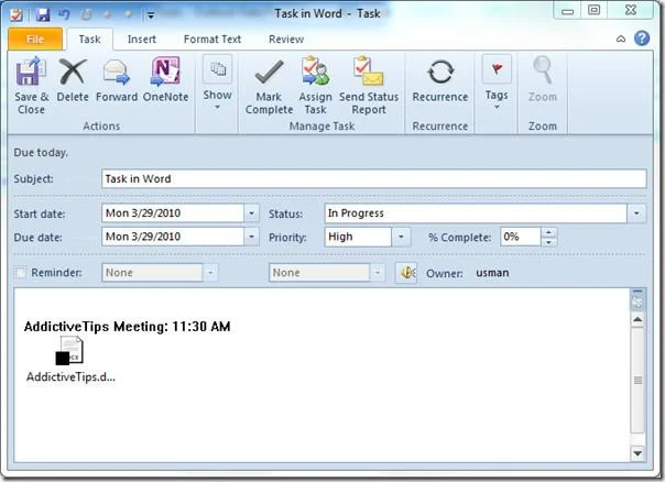 Hinzufügen und Erstellen von Outlook 2010-Aufgaben aus Word 2010