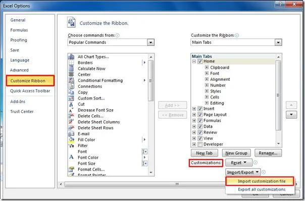 Impostazioni della barra multifunzione e della barra di accesso rapido per l'esportazione/importazione [Office 2010]