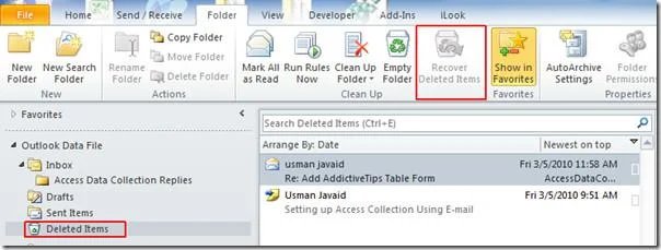 Outlook 2010: восстановление удаленных писем