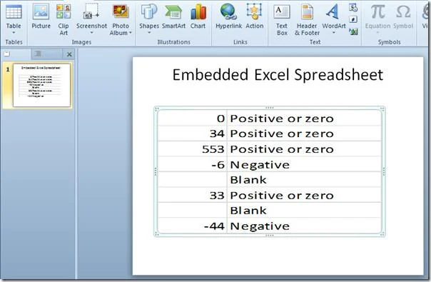 Встроить электронную таблицу Excel в PowerPoint 2010