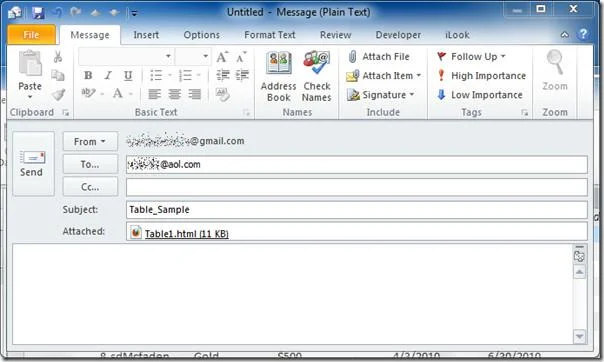 إرسال جدول قاعدة بيانات Access 2010 باستخدام أداة البريد الإلكتروني