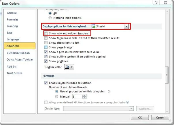 Excel 2010 Zeilen- und Spaltenüberschriften entfernen