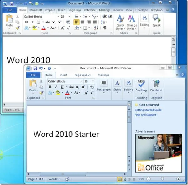Vergleich von Office 2010 & Office Starter 2010