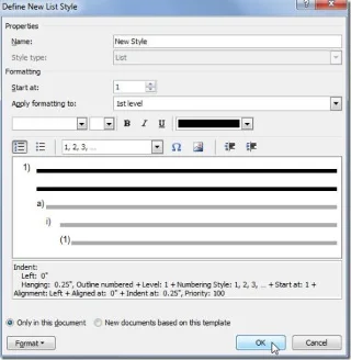 Word 2010: تعريف تنسيق القائمة أحادية المستوى