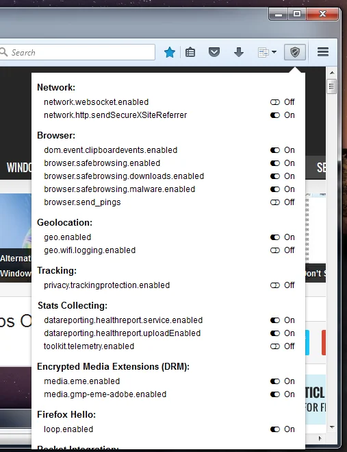 Ignora Informazioni: Configurazione e attiva/disattiva le preferenze sulla privacy dalla barra degli strumenti [Firefox]