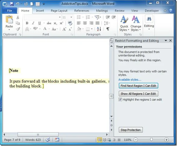 Limita la modifica al documento Word 2010 protetto