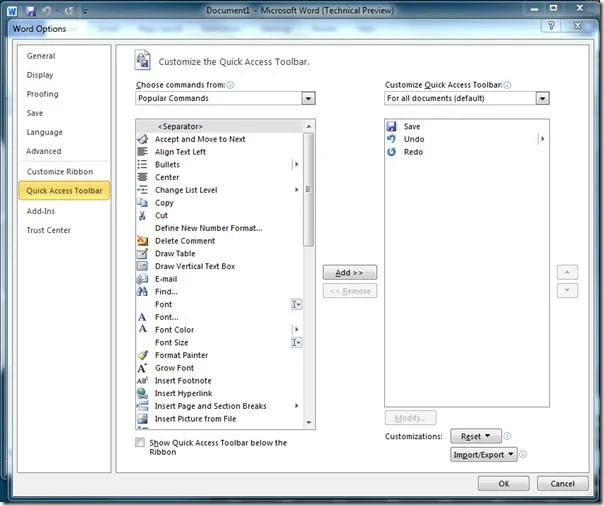 Office 2010-Symbolleiste für den Schnellzugriff