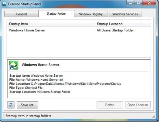 Panel de inicio: Administra la carpeta de inicio de Windows, el registro y los servicios