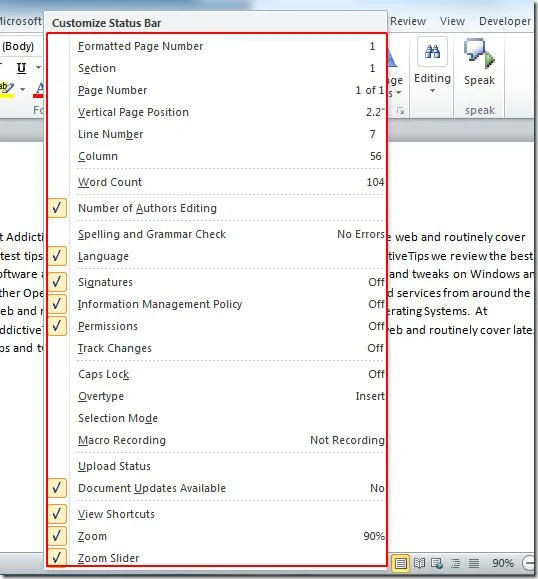 Hinzufügen von Informationen in der Statusleiste von Word 2010