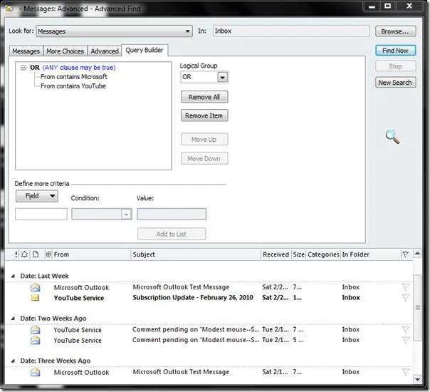 Outlook 2010 Erweiterte Suche [Abfrage-Generator]
