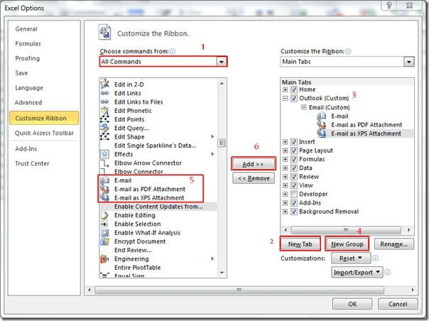Aggiunta dello strumento di posta elettronica di Outlook in Excel 2010
