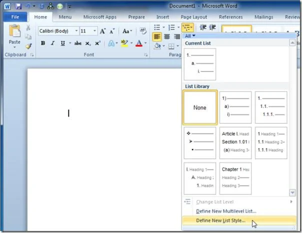 Word 2010: تعريف تنسيق القائمة أحادية المستوى