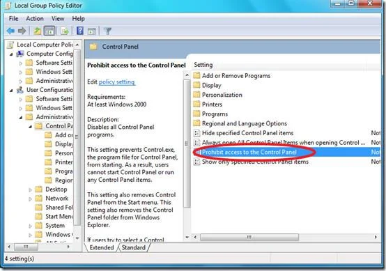 Disabilita/abilita l'accesso al pannello di controllo di Windows 7