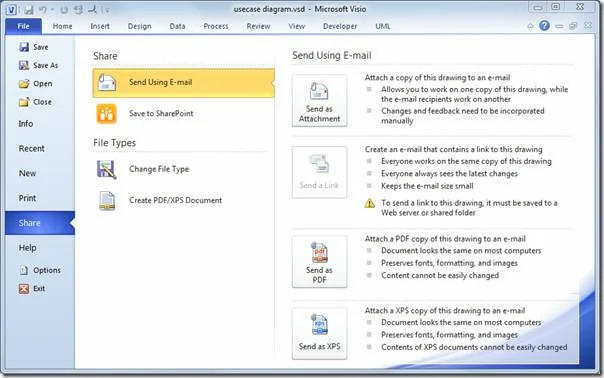 Senden Sie Visio-Zeichnungen als E-Mail-Anhang im PDF- und XPS-Format