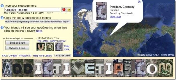 GeoGreeting – 建物の航空写真から作った文字で挨拶メッセージを送信
