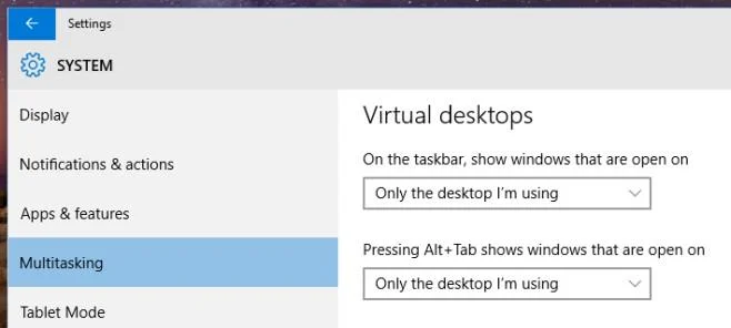 タスクバーから他の仮想デスクトップ上のウィンドウ/アプリを非表示にする (Windows 10)