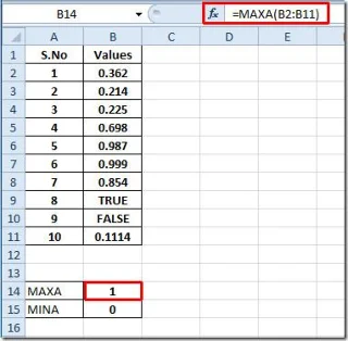 إيجاد القيم القصوى والدنيا في Excel 2010