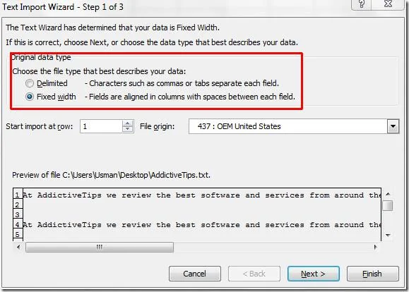 Dokumenttextdatei in Excel 2010-Arbeitsblatt importieren