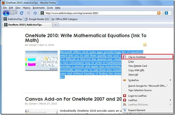 Интеграция с веб-браузером «Отправить в OneNote 2010»