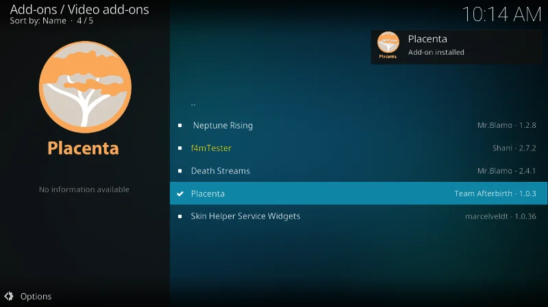 Add-on Placenta Kodi, l'ultimo fork di Exodus