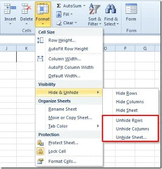 Excel 2010: Spalten, Zeilen, Blätter ausblenden/einblenden