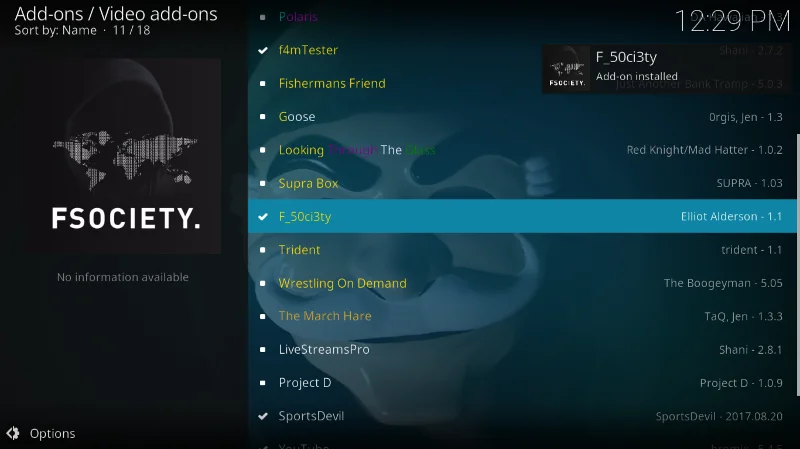 Componente aggiuntivo F_50ci3ty (Fsociety) per Kodi: installazione e funzionalità