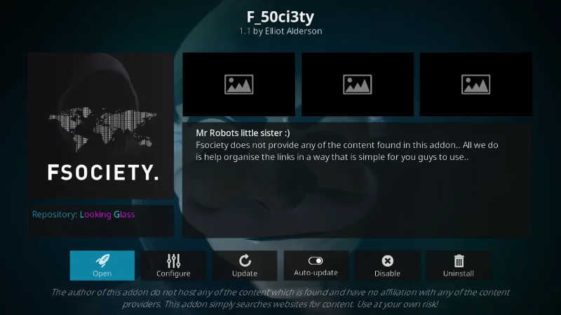 Componente aggiuntivo F_50ci3ty (Fsociety) per Kodi: installazione e funzionalità