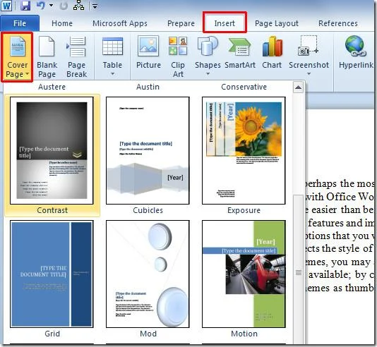 كيفية إدراج غلاف الصفحة بسرعة في مستند Word 2010