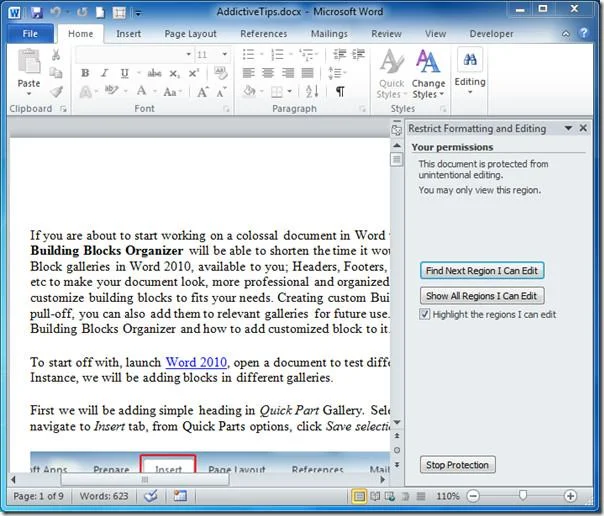 Limita la modifica al documento Word 2010 protetto