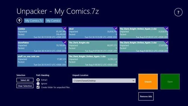 Extraiga archivos ZIP, RAR, 7z y otros en Windows 8 y RT con Unpacker