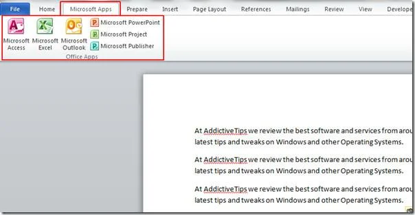 Avvio rapido delle applicazioni di Office 2010 da Word 2010