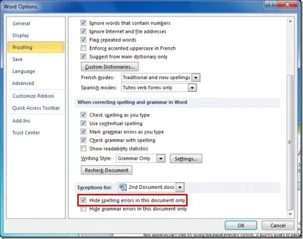Alle Rechtschreibfehler in Word 2010 ausblenden