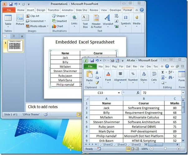 Встроить электронную таблицу Excel в PowerPoint 2010