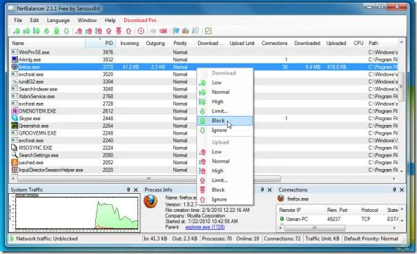 Imposta la priorità di trasferimento delle app e aumenta la velocità di Internet con NetBalancer
