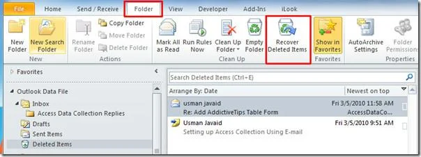Outlook 2010: восстановление удаленных писем