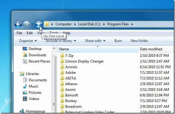 在 Windows 7 資源管理器中新增「上一層」或「按一下返回」按鈕