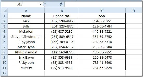 Excel 2010: Standardtelefon- und Sozialversicherungsnummern (SSNs) hinzufügen