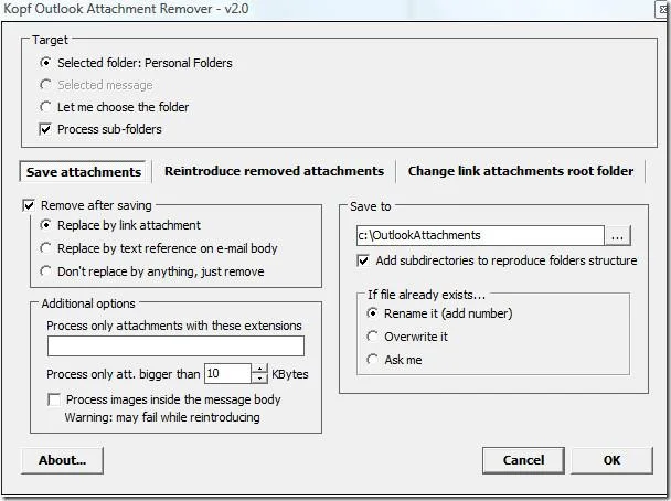 從 Microsoft Outlook 儲存、擷取和/或刪除附件
