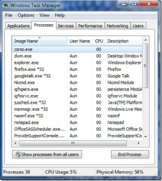 Windows 7 工作管理員快速鍵