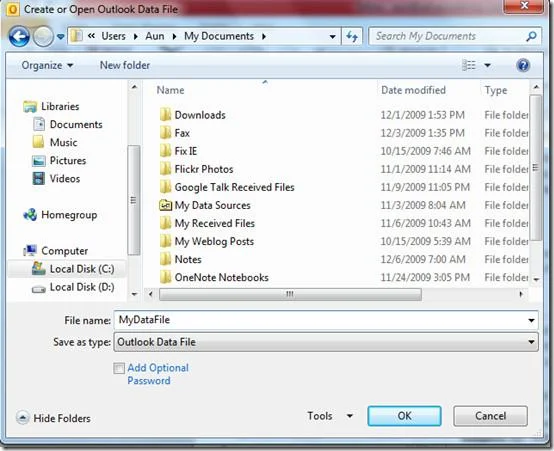 So erstellen Sie eine Datendatei in Outlook 2010