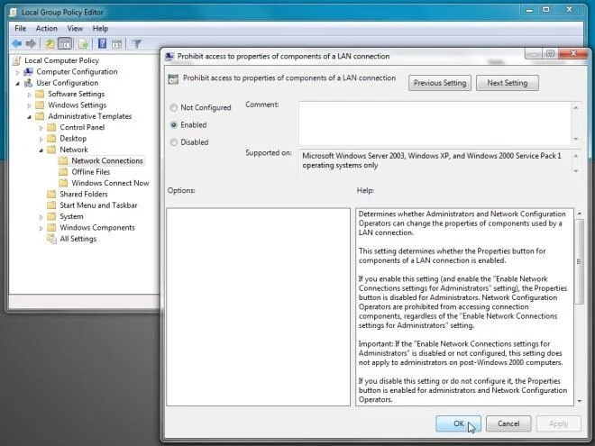 Evitar que los usuarios locales de Windows 7 cambien la configuración de Internet
