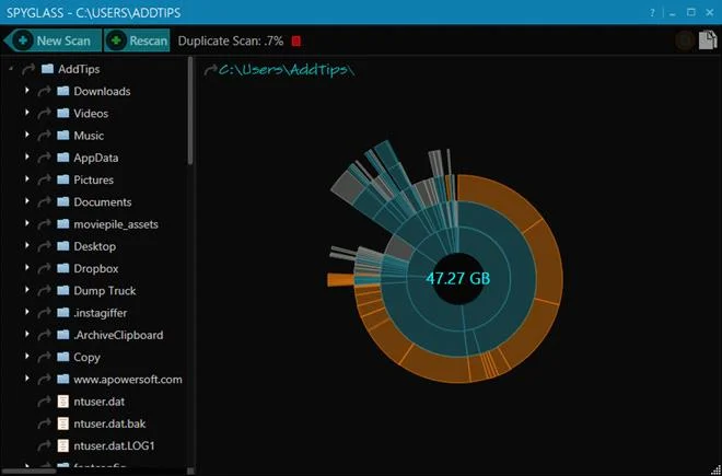 Spyglass è un analizzatore grafico dell'utilizzo del disco e un programma per la rimozione di file duplicati per Windows