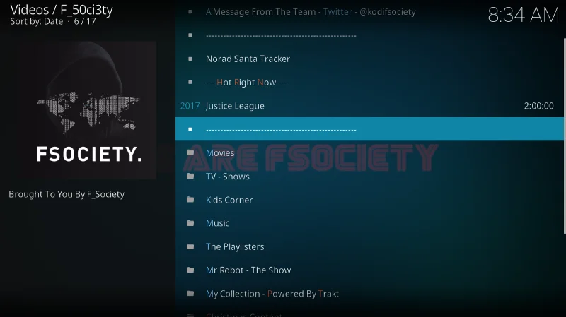 Componente aggiuntivo F_50ci3ty (Fsociety) per Kodi: installazione e funzionalità