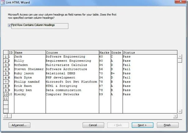 Importar e vincular planilha HTML no Access 2010