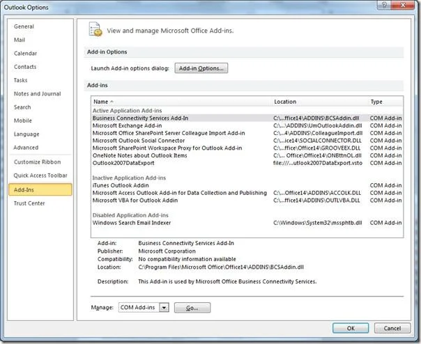 Office Outlook 2010-Add-In-Manager