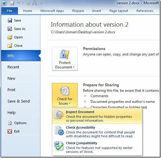 Rimuovi metadati ed elementi nascosti dal documento Word