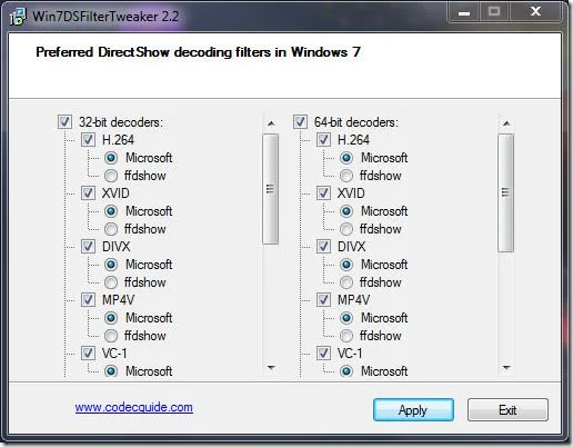 Ottimizzatore di filtri per Windows 7: decodificatore DirectShow per Media Player