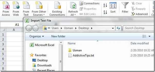 Dokumenttextdatei in Excel 2010-Arbeitsblatt importieren
